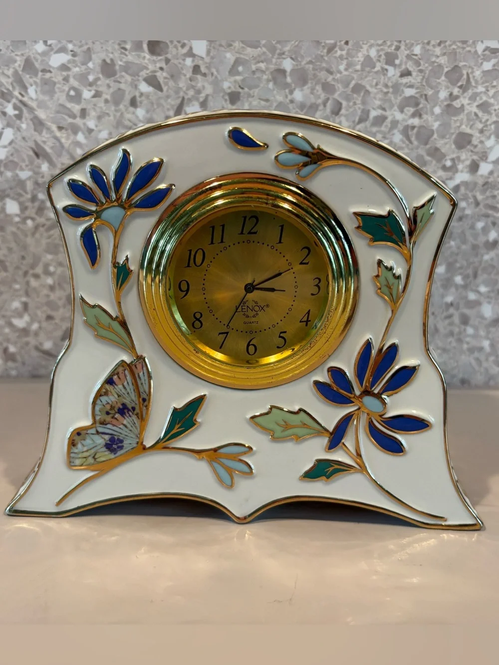 Lenox Gilded Garden porcelain desk clock feat Blue Floral & butterflies